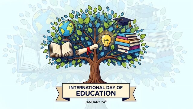 Educational Wisdom Tree: An artistic representation of knowledge, education, and learning unfolds with a central tree symbolizing growth and wisdom. Embellished with symbols.