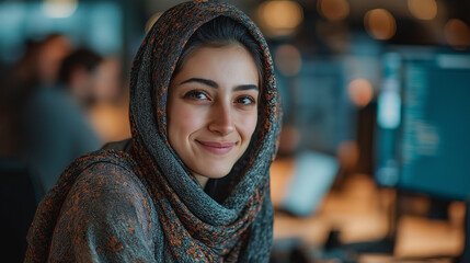 Smiling Young Woman in Headscarf at Modern Workspace | Multicultural Workplace Portrait with Technology Focus