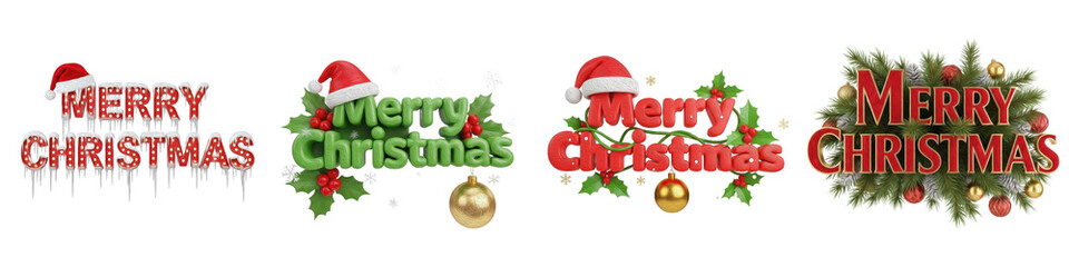 Merry Christmas decorative text set, isolated holiday typography with santa hats and holly, festive...