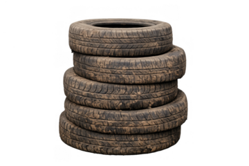 Stack of dirty used rubber car tires for recycling, a waste material pile representing environmental challenge