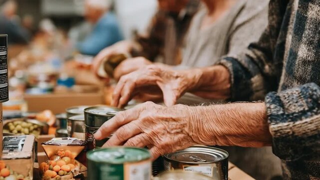 Medium shot of hands packing nonperishable food items into emergency kits focusing on canned goods and dry staples ready for rapid deployment.