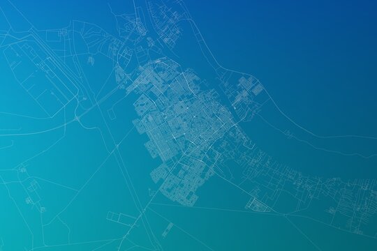 Map of the streets of Basra (Iraq) made with white lines on greenish blue gradient background. 3d render, illustration