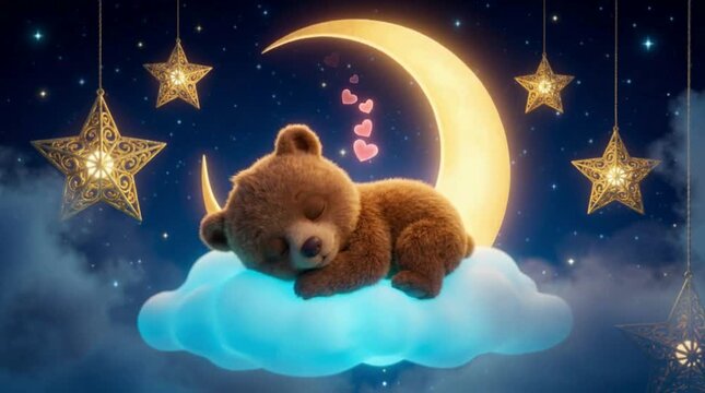 Sweet Dreams: Adorable Teddy Bear Sleeping Peacefully on a Fluffy Cloud under a Golden Crescent Moon and Magical Hanging Stars, Ideal for Lullaby and Nursery Concepts.