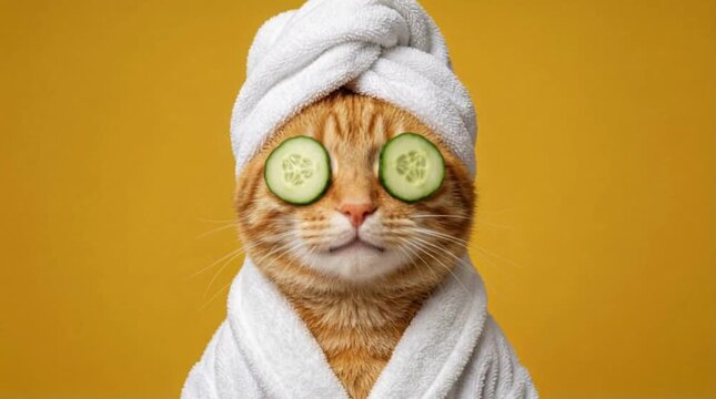 Adorable ginger tabby cat relaxing during a luxurious spa day, wearing a towel wrap, bathrobe, and cooling cucumber slices over its eyes against a warm yellow background.