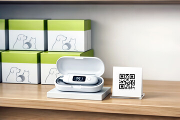Digital pet thermometer in case with QR code on veterinary desk.