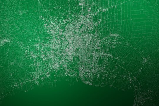 Map of the streets of Bangkok (Thailand) made with white lines on abstract green background lit by two lights. Top view. 3d render, illustration