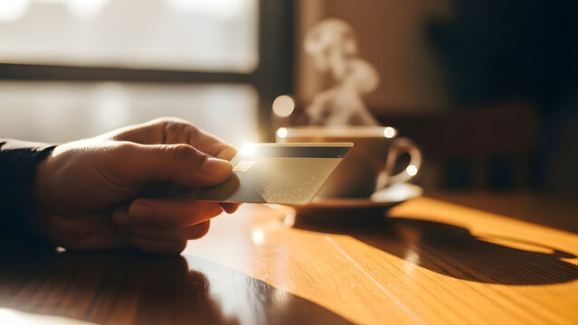 Primer plano de hombre sosteniendo tarjeta de cr&eacute;dito dorada en una mesa de madera listo para pagar en una cafeter&iacute;a