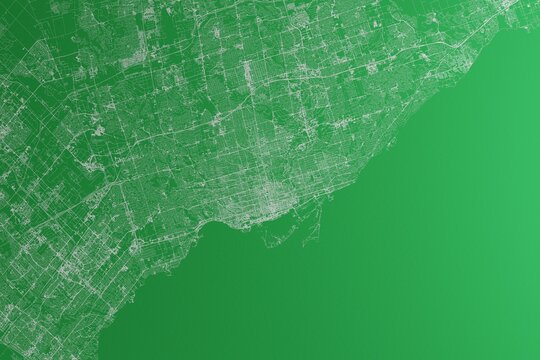 Map of the streets of Toronto (Canada) made with white lines on green paper. Rough background. 3d render, illustration