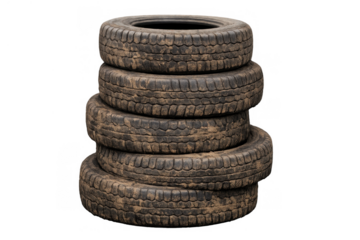 Stack of dirty used worn out tires with mud on treads, representing recycling, waste, and environmental issues