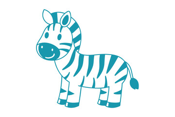 Fototapeta premium Cute teal outlined zebra smiles gently while standing against a plain white background