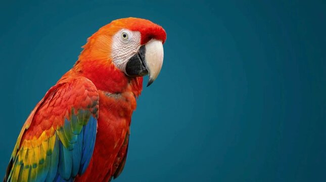 Stunning close-up profile portrait of a magnificent, colorful Scarlet Macaw parrot with bright red, yellow, and blue feathers, isolated on a textured turquoise background.