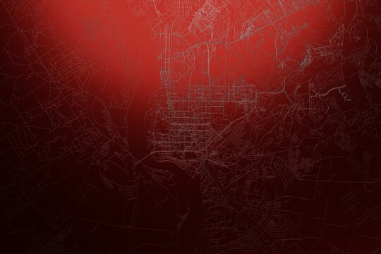 Street map of Tomsk (Russia) engraved on red metal background. Light is coming from top. 3d render, illustration