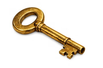 Golden vintage skeleton key representing access, solution, success, and discovery, on transparent background