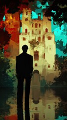 an old house with colorful lights inside