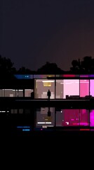 an old house with colorful lights inside