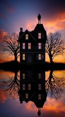 an old house with colorful windows is reflected in the water at sunset