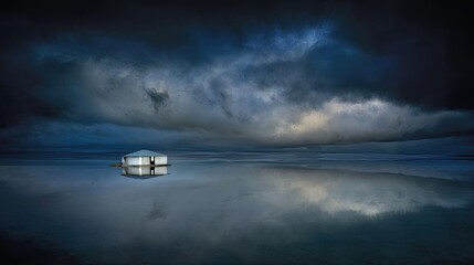 a small house made of light on the water