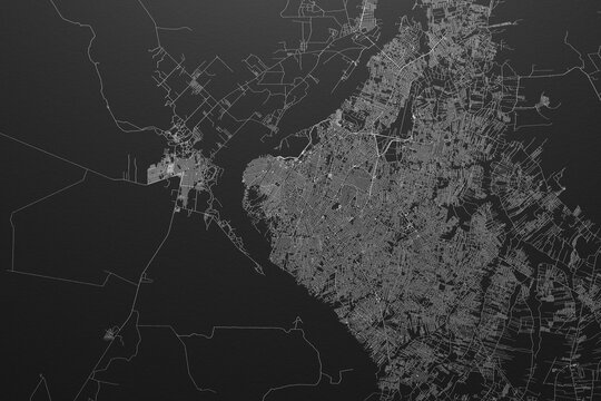 Street map of Asuncion (Paraguay) on black paper with light coming from top