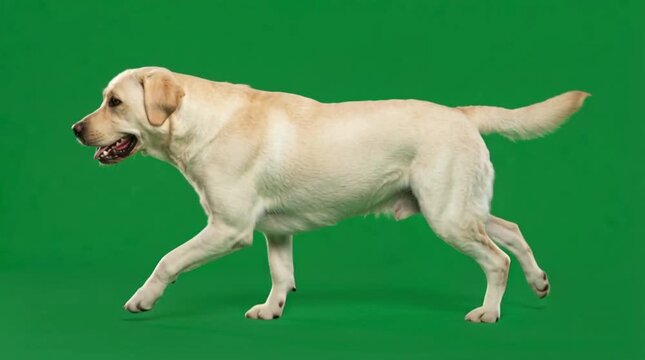 Majestic Yellow Labrador Retriever walking in profile, captured mid-stride on a vibrant chroma key green screen background.