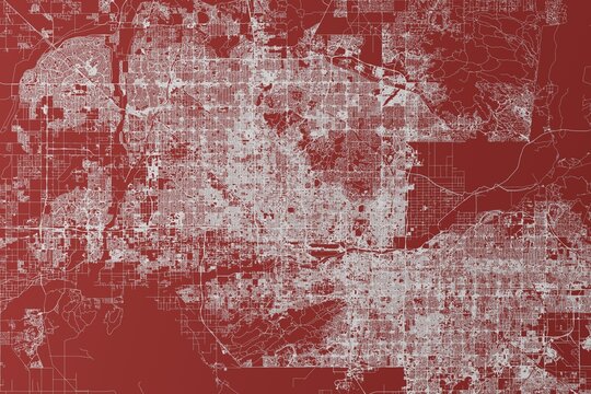 Map of the streets of Phoenix (Arizona, USA) made with white lines on red background. Top view. 3d render, illustration