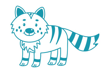 Obraz premium A teal cartoon raccoon with stripes is standing and looking happy on white