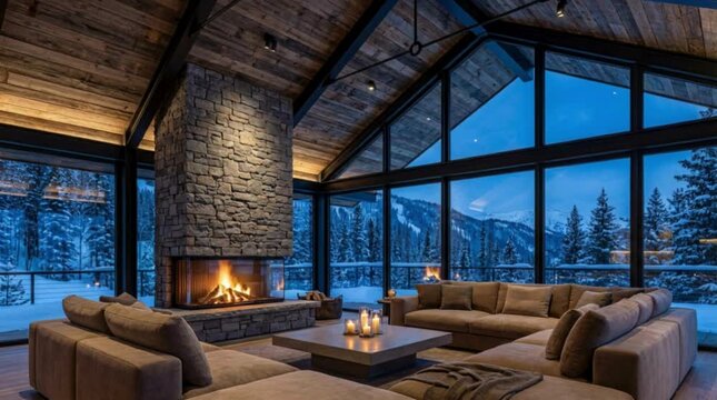 Luxury Mountain Retreat Living Room: Stone fireplace, vaulted wood ceilings, and panoramic windows showcasing a serene snowy winter landscape at twilight.