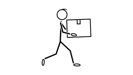 Active stick figure delivery person carrying a large cardboard box, providing efficient shipping services on an isolated white background.