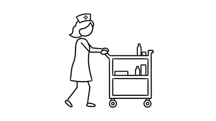 Caring stick figure nurse or cleaner pushing a medical or utility cart with supplies on an isolated white background.