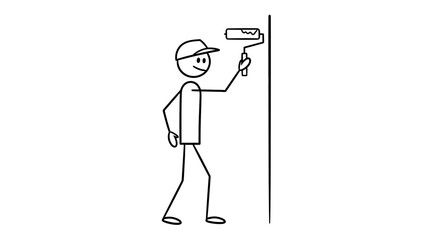 Fototapeta premium Stick figure man wearing a cap painting a wall with a paint roller.