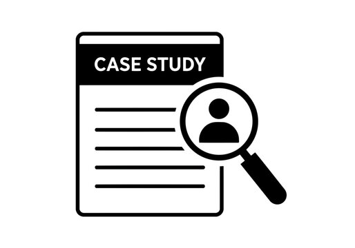 A simple case study document with magnifying glass icon outline drawing representing research and analysis of a person or profile