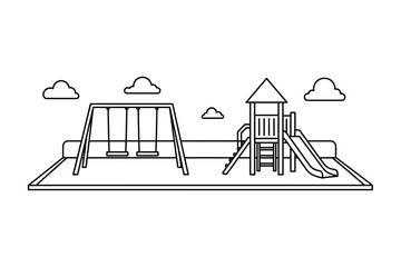Linear illustration of a children's playground with swings and slide