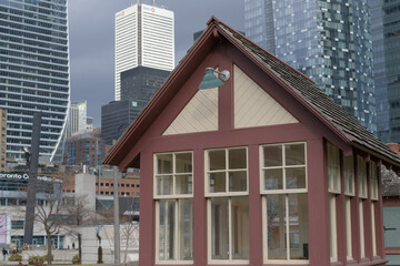 Naklejka premium close-view of historic railway cabin at Roundhouse Park, Toronto Railway Museum