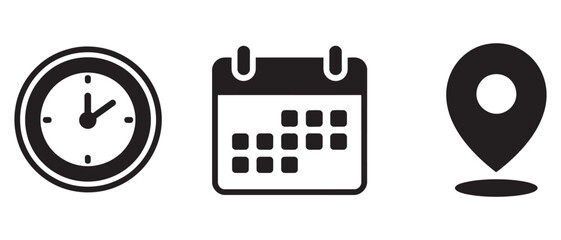 Time, date, location vector icons for event planning and appointment scheduling, symbolizing key chronological and geographical details