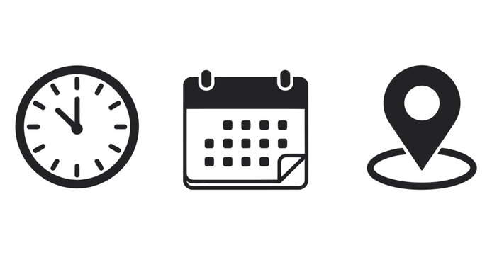 Universal vector icons for event planning, showing time, date, and geographical location