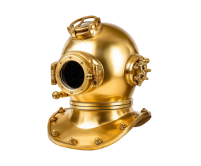 Shiny golden antique deep sea diving helmet, isolated on white, png