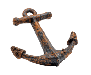 Rusty old ship anchor made of weathered metal, isolated on white, png