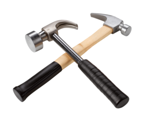 Two crossed hammers with wooden and black handles, isolated on white, png