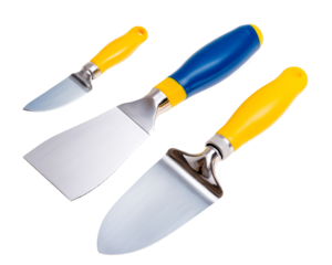 Set of three stainless steel kitchen knife and spatulas, isolated on white, png