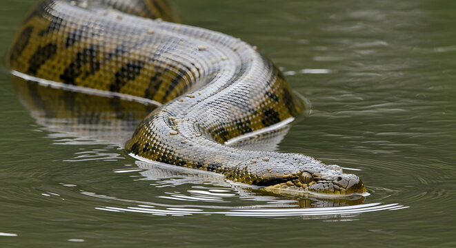 Green Anaconda (Eunectes murinus) swimming in murky jungle river
