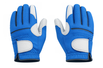 Pair of blue golf gloves with white leather accents, offering grip and comfort for playing sports, transparent background