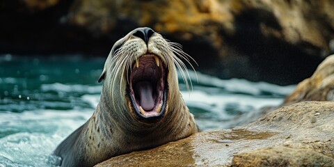 A sea lion with its mouth open, roaring in the ocean water near a rock.