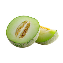 Fresh green honeydew melon half and slice, isolated on white, png