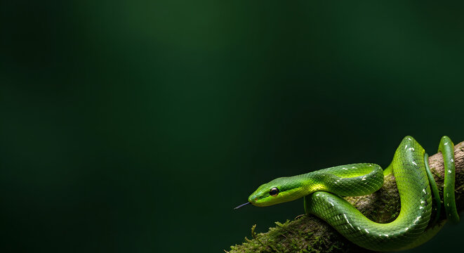 Green Vine Snake coiled on a mossy tree branch against a dark ju