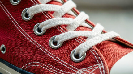 Close-up of textile shoes showing seams and braided laces. Macro angle showing the texture of the fabric and silver hardware.
