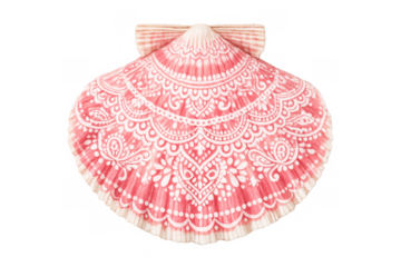 Pink scallop shell with intricate white mandala pattern, bohemian nature art, transparent background