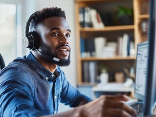A person using a desktop computer with headphones on