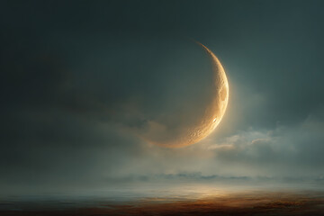 Golden crescent moon rising over serene ocean with clouds at sunset
