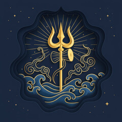 Elegant golden Shiva Trishul with Damru drum on a dark blue background. Layered paper cut style illustration with smoke and celestial elements for Mahashivratri and spiritual design.