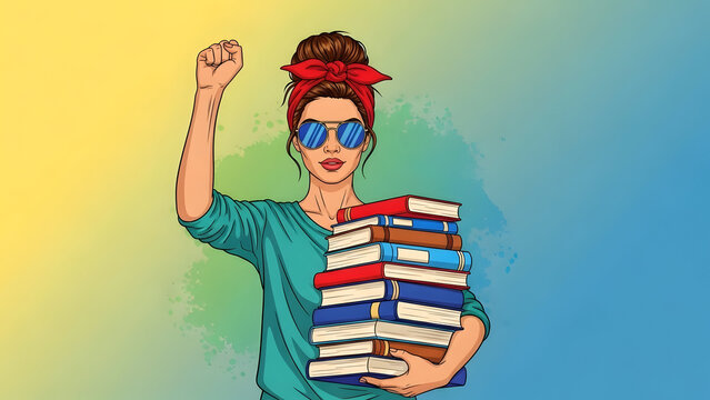 Rosie the riveter with a modern twist holding books