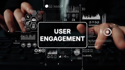 Hands Typing on Keyboard with User Engagement Concept and Digital Interface Elements on Screen. Asymptotic smart data analytic.